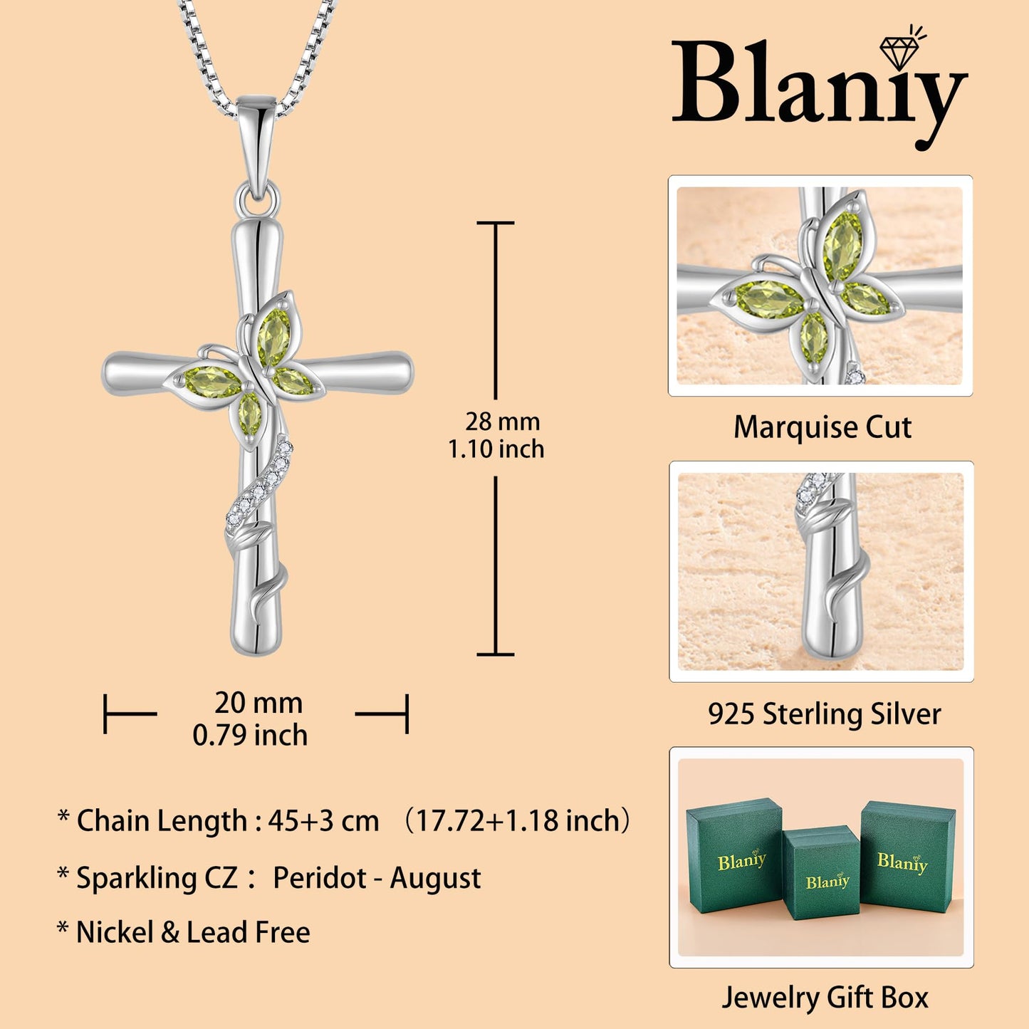 Blaniy Cross Necklace for Women 925 Sterling Silver Butterfly Necklace Peridot Pendant Necklaces August Birthstone Jewelry Gifts for Women