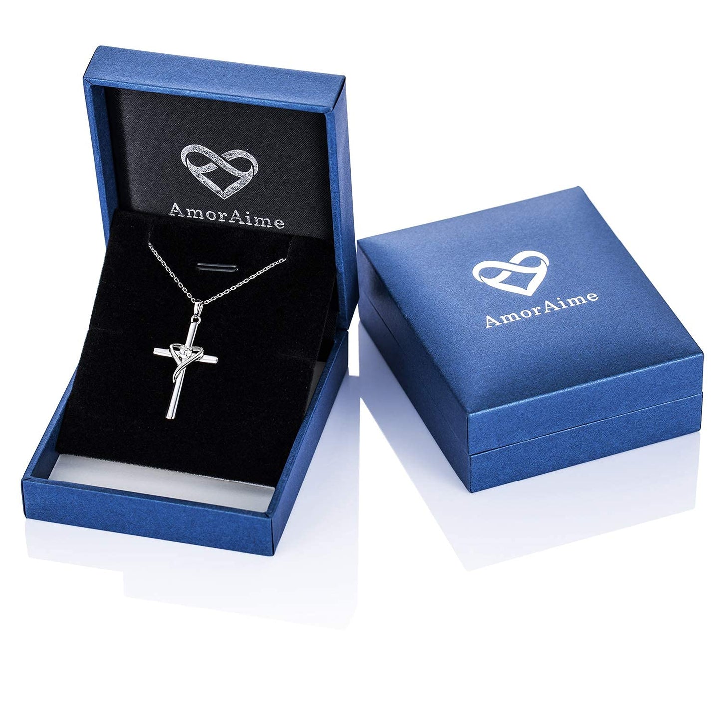 AmorAime 925 Sterling Silver Cross Necklace for Women Men 14K Gold Plated 5A CZ Birthstone Necklaces for Holiday (DD.white-CZ-April)