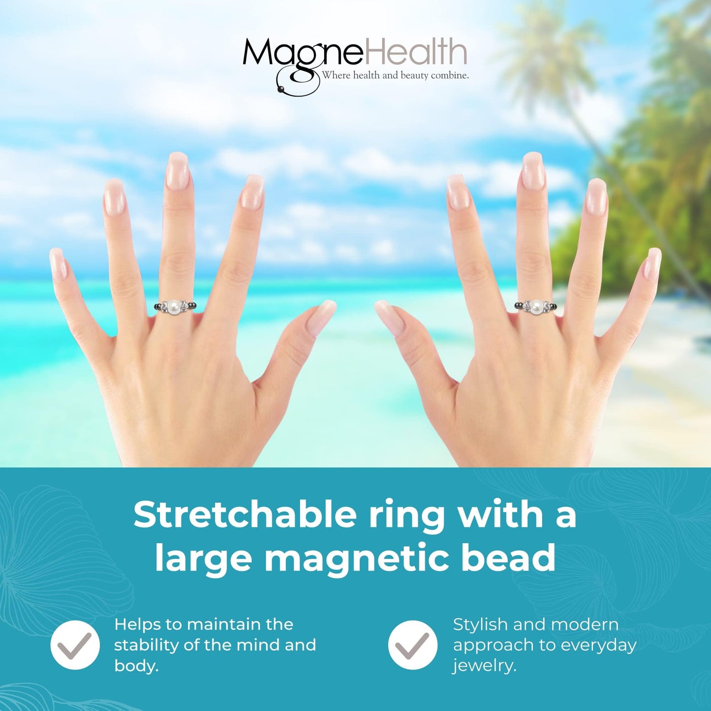 MAGNEHEALTH - Black - XS 5-6 - Magnetic Hematite Stretch Ring with Large White Magnet Bead, Unisex Ring, Absorbs Negative Energy, Wellness & Balance Jewelry