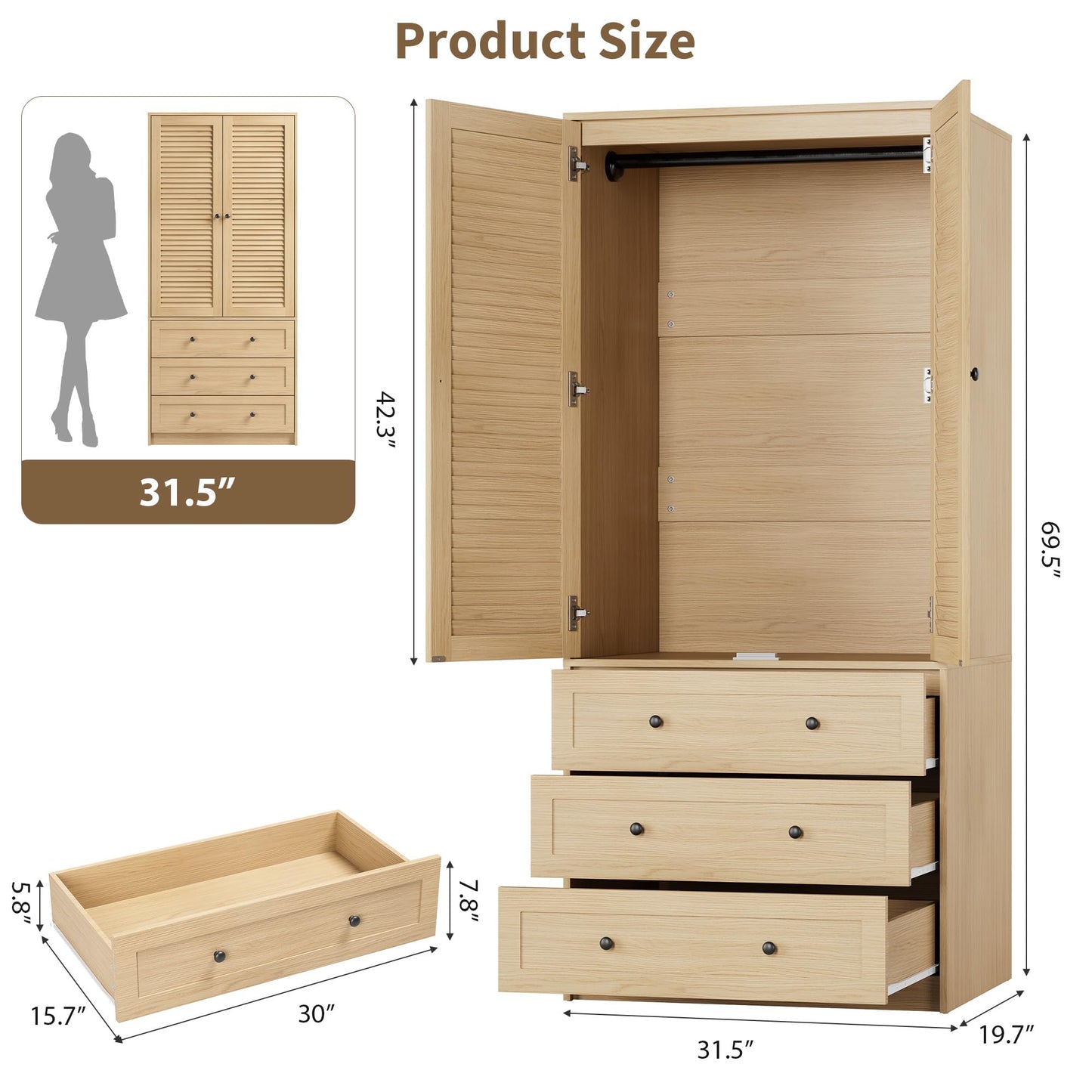 GarveeHome Armoire Wardrobe Closet with Drawers, 69.5 in Wooden Wardrobe Cabinet with Hanging Rod, 2 Doors Clothing Storage Cabinet for Bedroom, Large Capacity Storage, Louvered Door, Natural