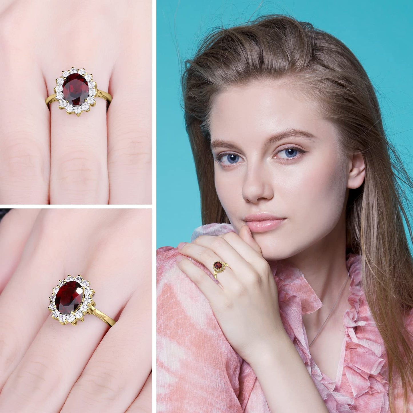 JewelryPalace Princess Diana Kate Middleton Gemstone Birthstone Genuine Red Garnet Halo Statement Engagement Rings for Women, 14K Yellow Gold Plated 925 Sterling Silver Promise Rings for Her Size 10.5