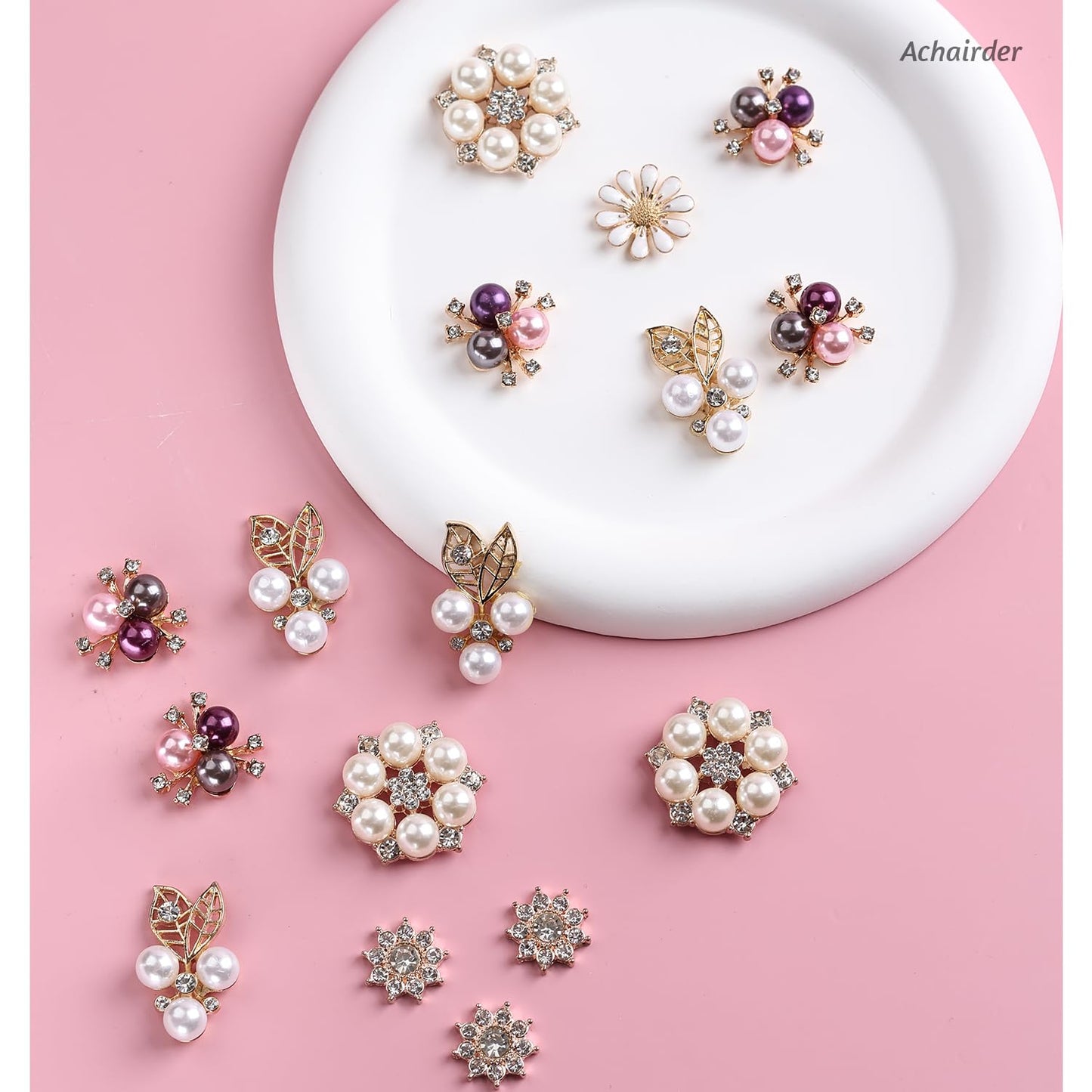 50PCS Rhinestone Buttons Faux Pearl Embellishments Buttons,Flat Back Flower Rhinestone Charms for Jewelry Making DIY Wedding Bouquet, Decor Clothes Bag Shoes Craft Accessory