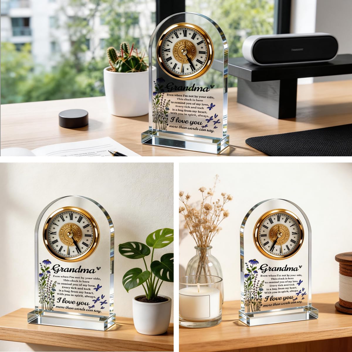 Grandma Gifts Acrylic Desk Clock, Wildflower Butterfly Quote Table Decor from Granddaughter Grandson, Mothers Day Suitable Gifts for Great-Grandma birthday, Christmas, and Thanksgiving, 4.3 x 7.8 in