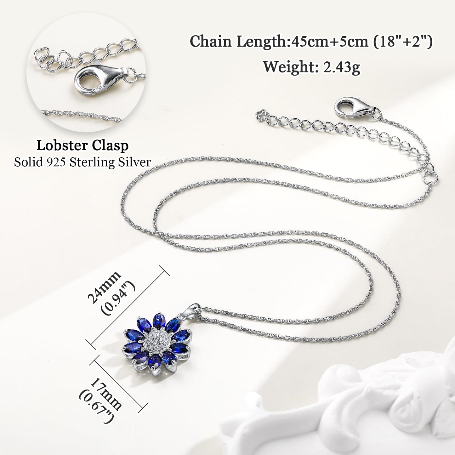 RANDES Sunflower Necklaces for Women 925 Sterling Silver Dainty Blue Sapphire Flower Necklace September Birthstone Necklace