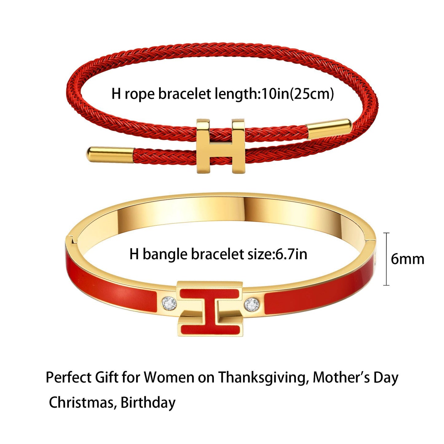 Hothink H Bracelets for Women,H Bangle and H Wire Rope Bracelet Set,Dainty 18K Gold Plated Bracelets Set for Christmas Mothers Day Gifts for Women (Gold-Red)