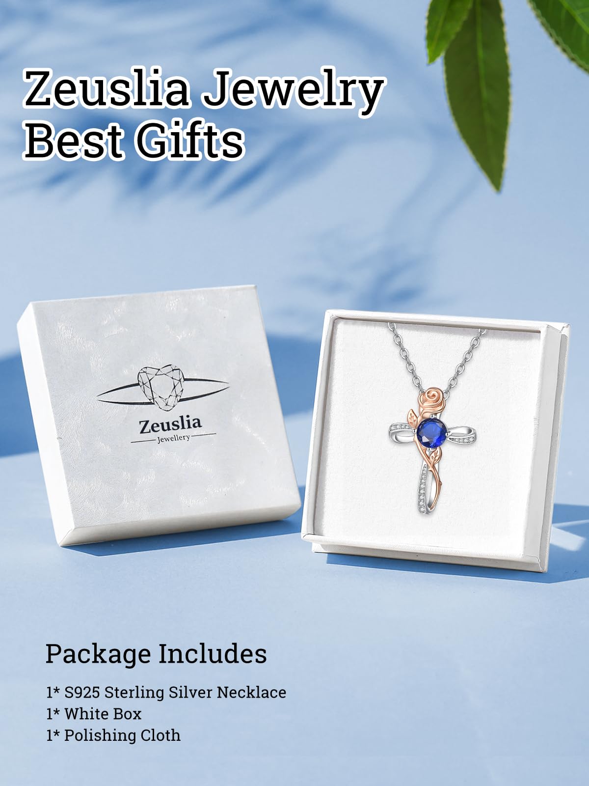 Cross Necklace for Women Sterling Silver Cross Pendant Jewelry with Rose Sapphire September Birthstone Necklace Christian Religious Baptism First Communion Confirmation Birthday Gifts for Women