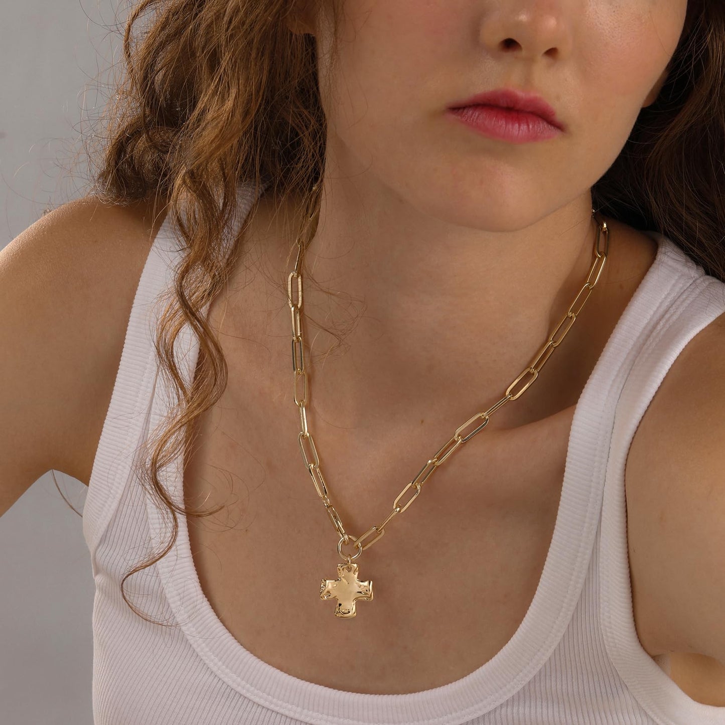 Bheop Chunky Cross Necklace for Women Trendy 14K Real Gold Plated Statement Cross Pendant Charm Necklace Waterproof Big Paperclip Chain Costume Christian Religious Jewelry Gift Non Tarnish