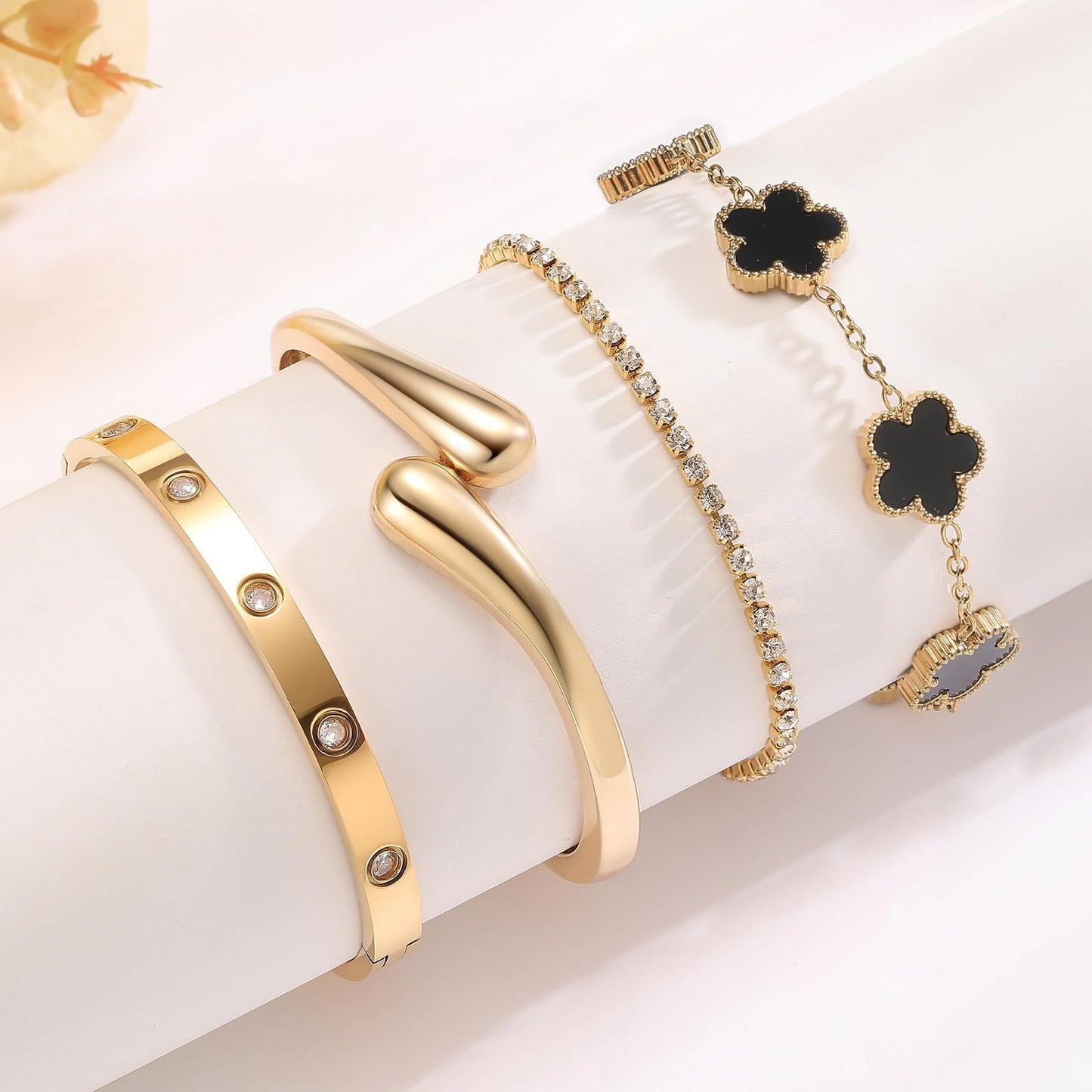 Mothers Day Gifts for Mom 18K Gold-Plated Bracelet Set – Floral Clover, Tennis, Chunky Adjustable Twist Cuff, Classic Gold-plated Bangle Stainless Steel, Non Tarnish, Stackable Bracelet Gift for Women