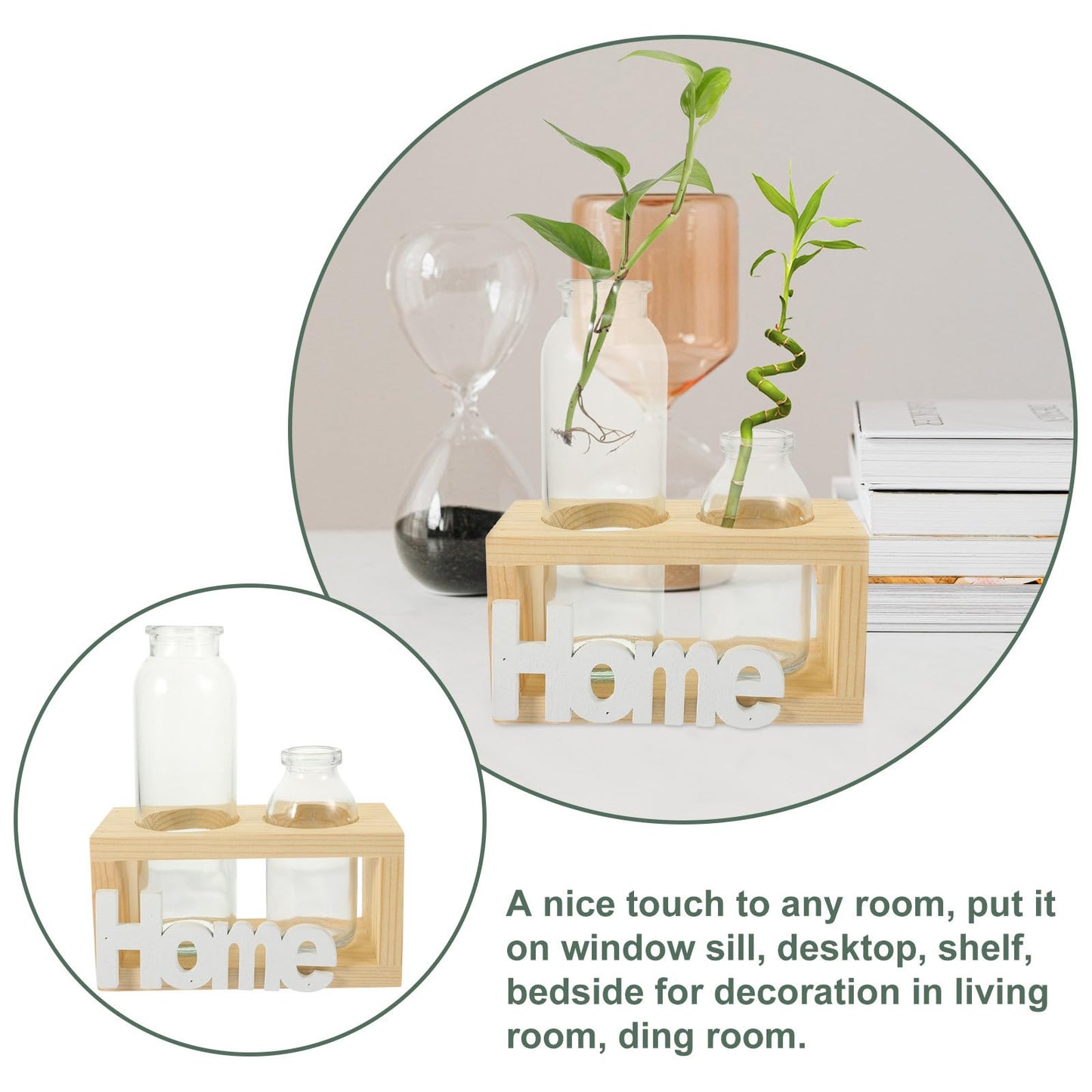 VALICLUD Glass Plant Terrarium with Wooden Stand, Nordic Style Hydroponic Flower Vase Set for Indoor Desktop Decoration, Glass Planter Container for Home and Office