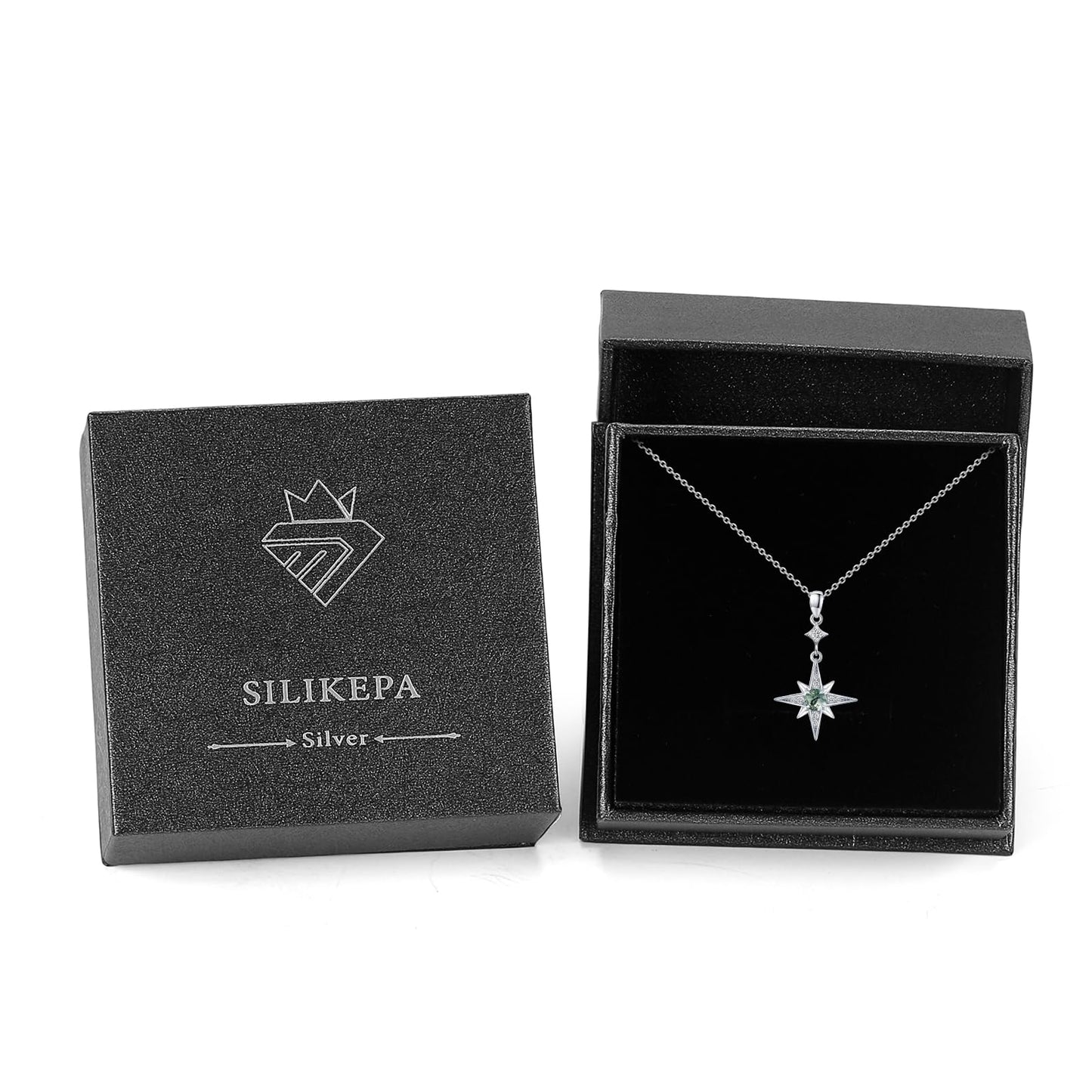 Silikepa Star Necklace for Women 925 Sterling Silver North Star Pendant Necklace with Moss Agate Jewelry Gift for Women