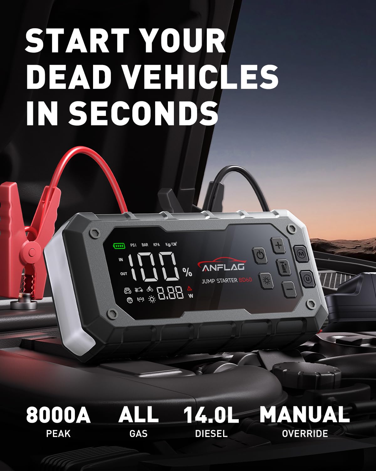 ANFLAG 10-in-1 Car Jump Starter with Air Compressor, 8000A 160PSI Jump Starter Jump Box(All Gas/14L Diesel), PD65W Charging Battery Jumper Starter Portable Jumper Cable with 160W DC, Gloves, Lights