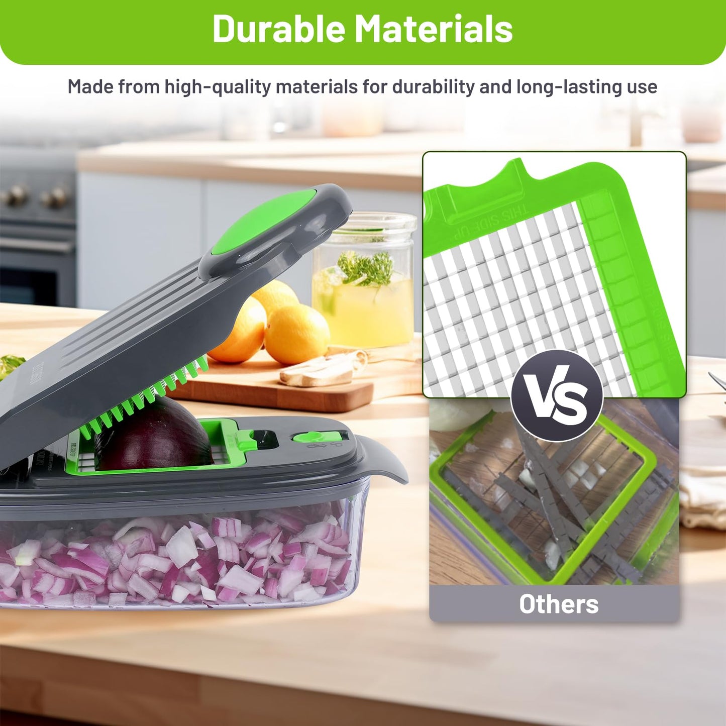 AISHUJIE Veggie Chopper 13 in1 Onion Chopper ·Vegetable Chopper with Container · Salad Chopper · Potato cutter – Gift for Home Cooks & Home Essentials (Grey & Green)