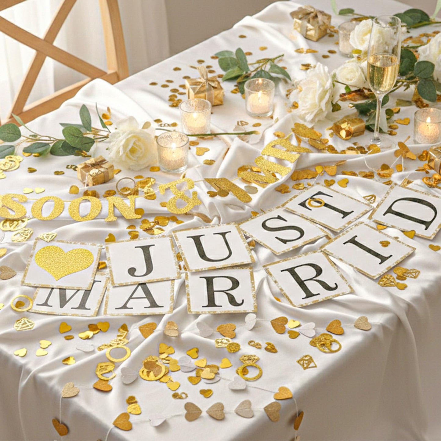 Wedding Banner Just Married Party Decorations Heart Streamers Garland Glitter Paper Diamond Ring Confetti for Bridal Shower Decor Home Party Engagement Party Bride'S Room Photp Prop Decorations