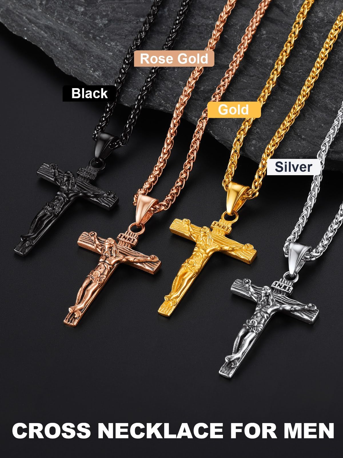 U7 Crucifix Cross Necklace Stainless Steel Crucifix Necklace Cross Pendant for Men with Rope Chain 22"(Rose Gold)