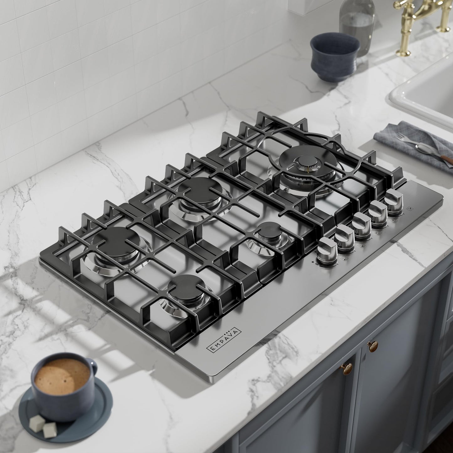Empava 30 Inch Built-in Gas Cooktop with 5 Sealed SABAF Burners, Stainless Steel Surface, Ion Ignition, LPG/NG Convertible, Dishwasher Safe Grates