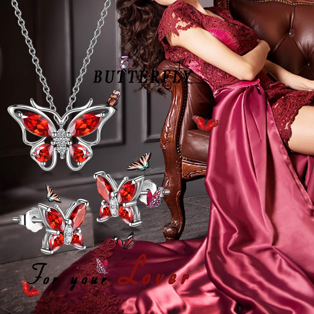 Hipunk Butterfly Red Jewelry Sets Birthstone Women 925 Sterling Silver January-Garnet Birth Stone Animal Butterflies Jewelry Sets/Earring Set Crystal Birthday Jewelry SS0001J