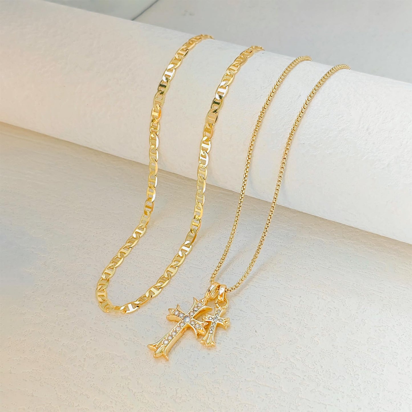OGD Layered Gold Necklaces for Women 14k Gold Plated Double Cross Necklace for Women Stackable Stacked Stacking Dainty Gold Mariner Chain Necklace CZ Cross Pendant Necklaces Set Simple Jewelry Gift