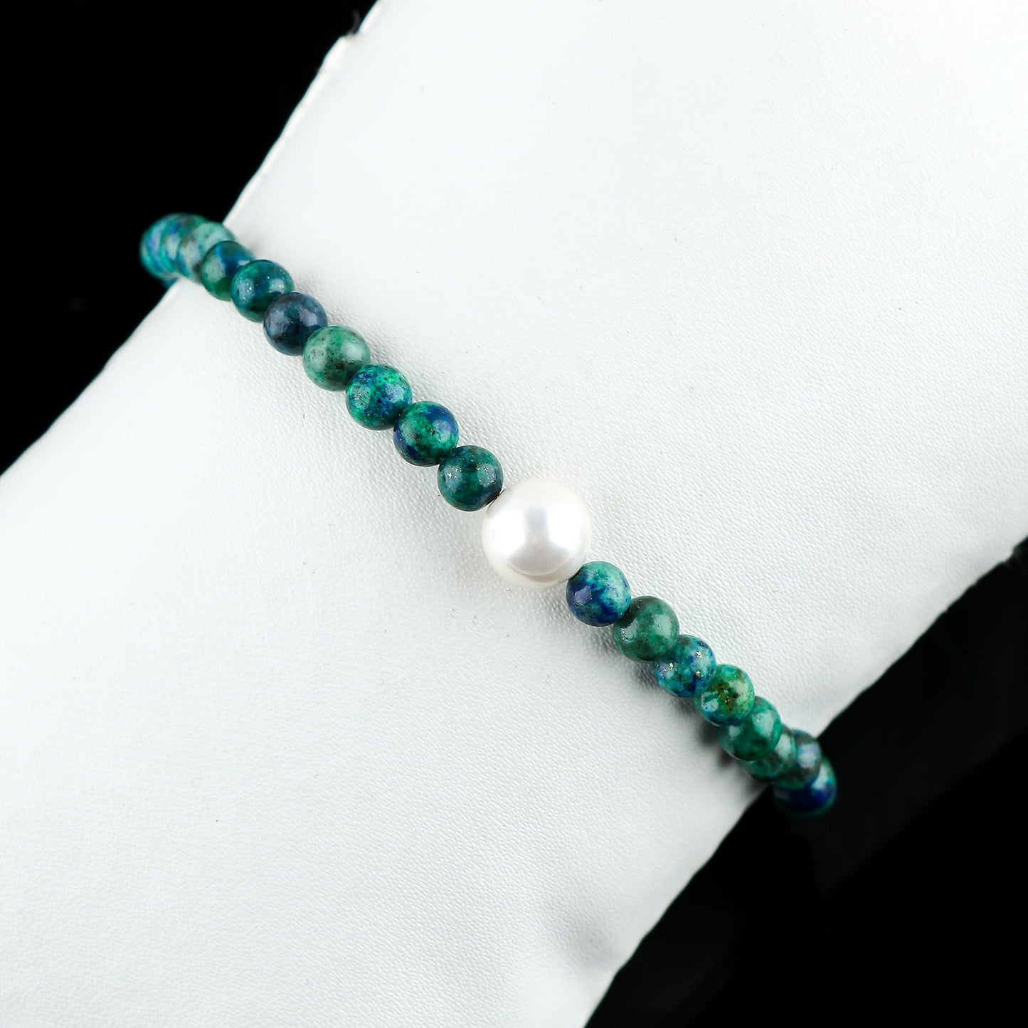 CRYSTALIS Natural Malachite Azurite Beads Slider Bracelet with Elegant Pearl, High Grade Beaded Crystals, Chakra Healing Gemstone, Gift Giving Women Jewelry, 925 Sterling Silver Slider 10 inch