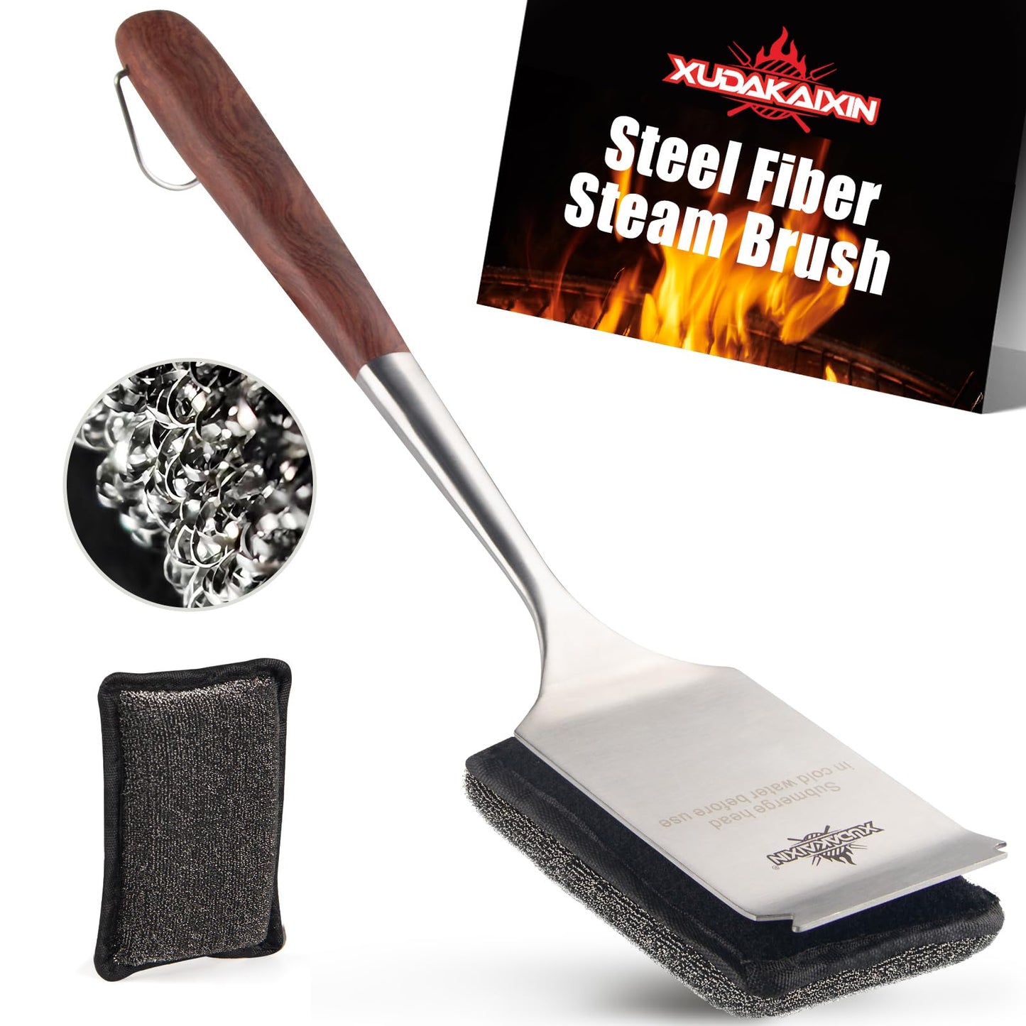 Bristle-Free Steam Cleaning Grill Brush Kit â Luxurious Long Rosewood Handle, Includes 1 Replacement Head â Safe BBQ Grill Cleaning for Outdoor Grill â Great Gift for Men/Dad