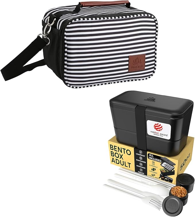 Umami Adult Bento Box Lunch Set Bundle â 50 oz Leakproof Stackable Bento Box with Utensils, Dividers & Sauce Jar + Insulated Lunch Bag, Microwave & Dishwasher Safe
