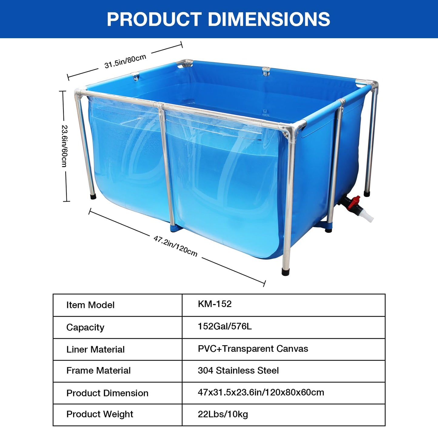 PVC Fish Pond,Above Ground Fish Tank,Goldfish/Koi Pond with Clear Viewing Panel, Outdoor Canvas Aquarium with Stainless Steel Frame & Drain Valve for Outside,47.2 * 31.5 * 23.6in,152 Gallon