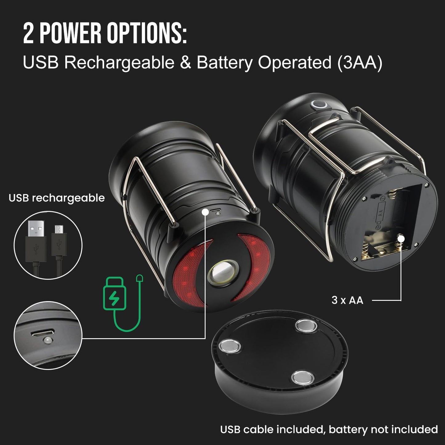 Lichamp 2 Pack Camping Lanterns Rechargeable and Battery Powered, Dual Power Source and 4 Mode Lantern Flashlight COB Camp Light for Power Outages, Camping Supplies and Home Hurricane Supplies, E2BK