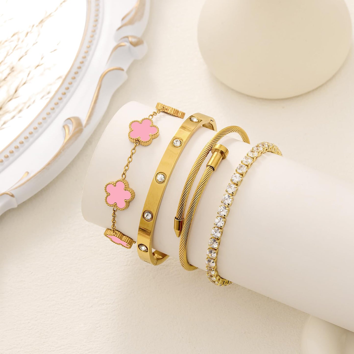 MEIERYA 18K Gold Plated Womens Stackable Floral Bracelets Set,Twisted Cable Bangle,Trendy Jewelry,Waterproof adjustable bracelet,Christmas Birthday Gifts for Girlfriend or Mother. (05-Color-pink)