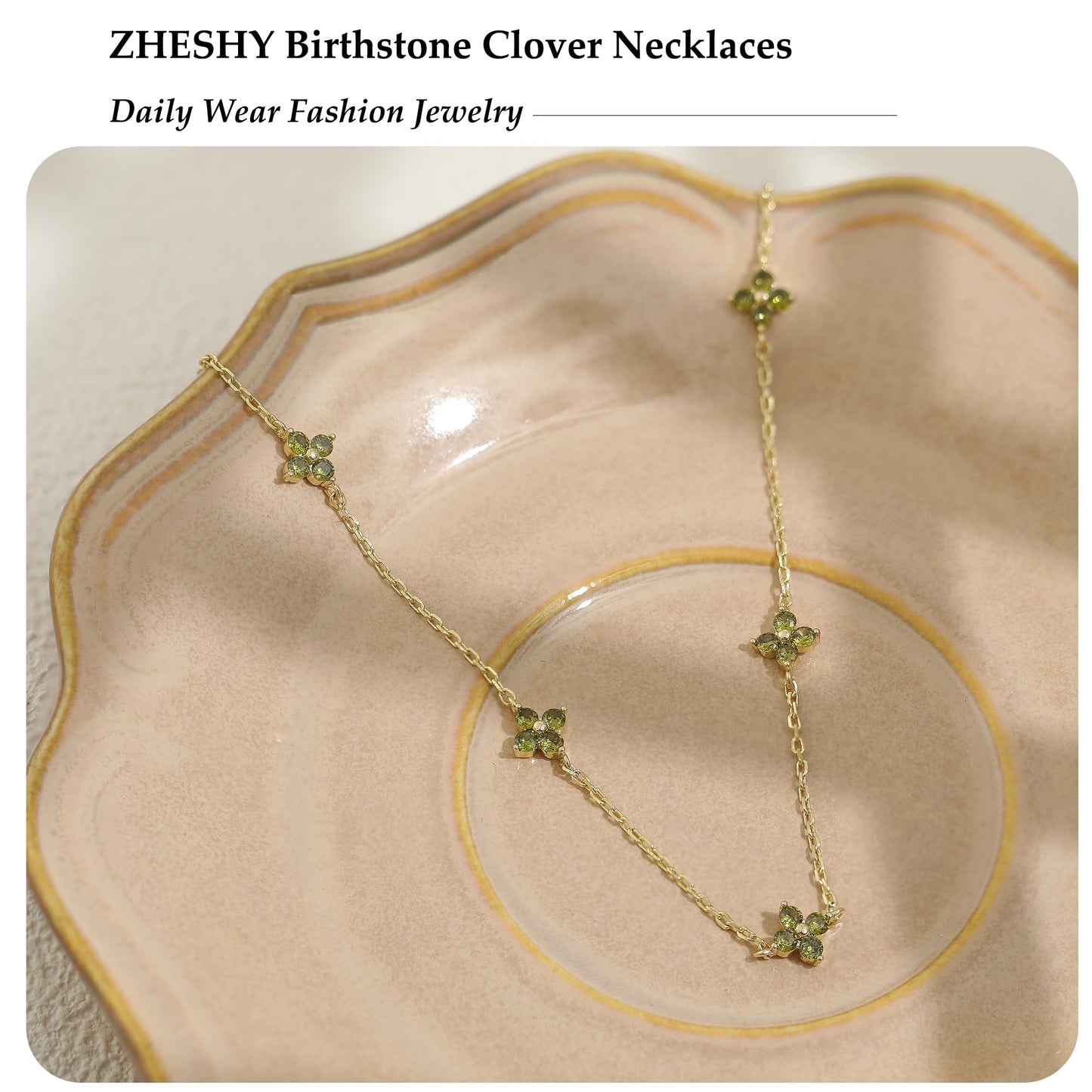 ZHESHY Birthstone Gold Necklace for Women Dainty Non Tarnish 14K Gold Plated Diamond Choker Necklaces Clover Cubic Zirconia Station Necklace Gold Jewelry Gifts