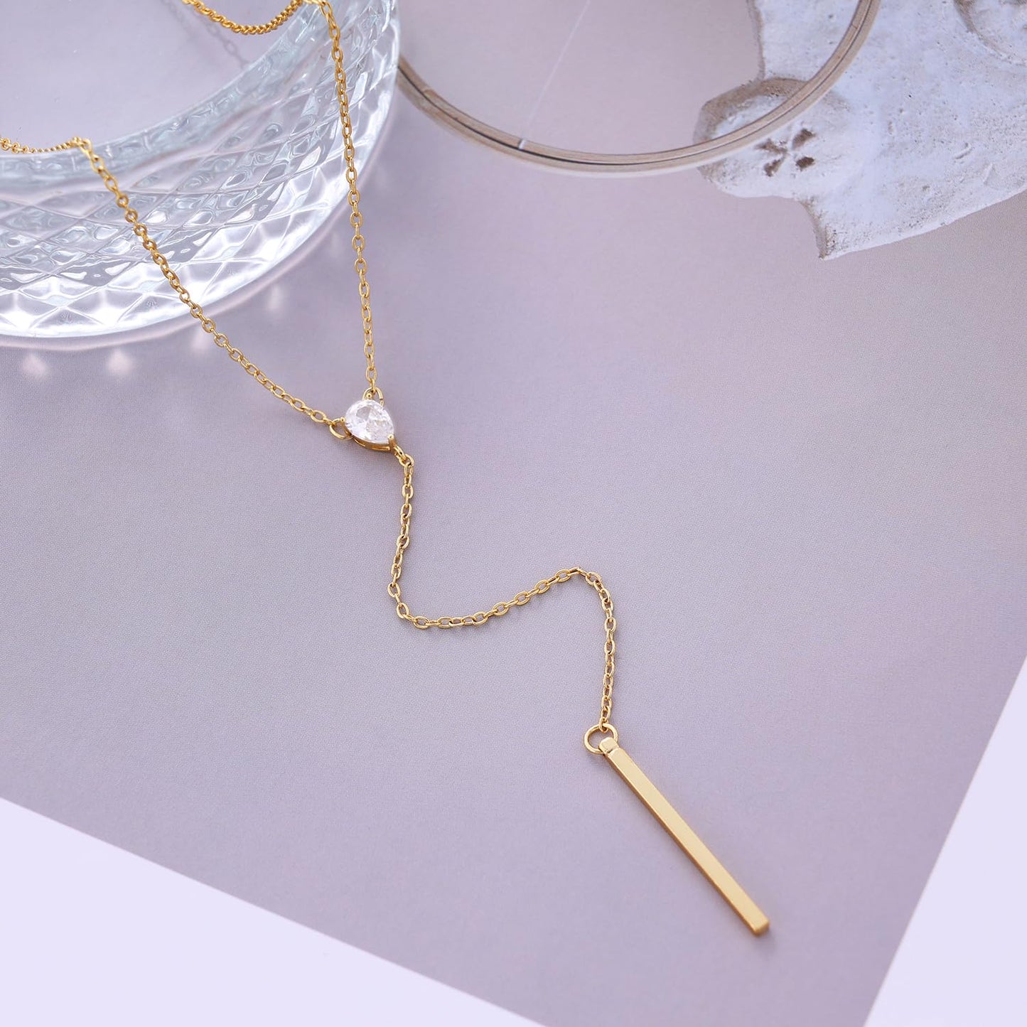 Fwlisesa Simple Necklace for Women, 14k Gold Plated Bar Lariat Necklace Dainty Long Necklaces Fashion Thin Chain Necklace Cute Y-Shaped Pendant Necklace Waterproof Jewelry for Women