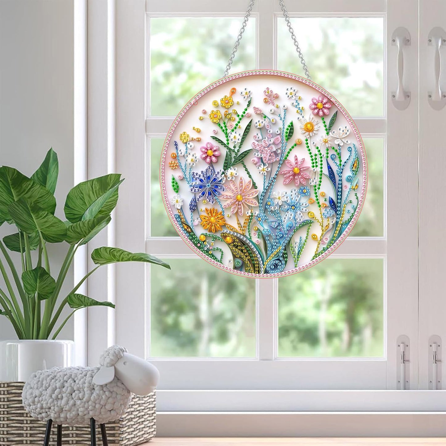 SKRYUIE Flower Hanging Diamond Art Kits for Adults Pendant Suncatcher, Special Shaped Crystal DIY Pearl Diamond Painting Kit, Gift for Mother Spring Summer Window Wreath Decor 7.5 x 7.3 Inch