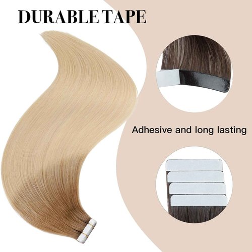 Tape in Hair Extensions ,Real Human Hair Extension,Bleach and Caramel Blonde Human Hair 24 inch 20pcs 50g,Thick Ends Straight Seamless, Invisible Tape in Hair Extensions Human Hair