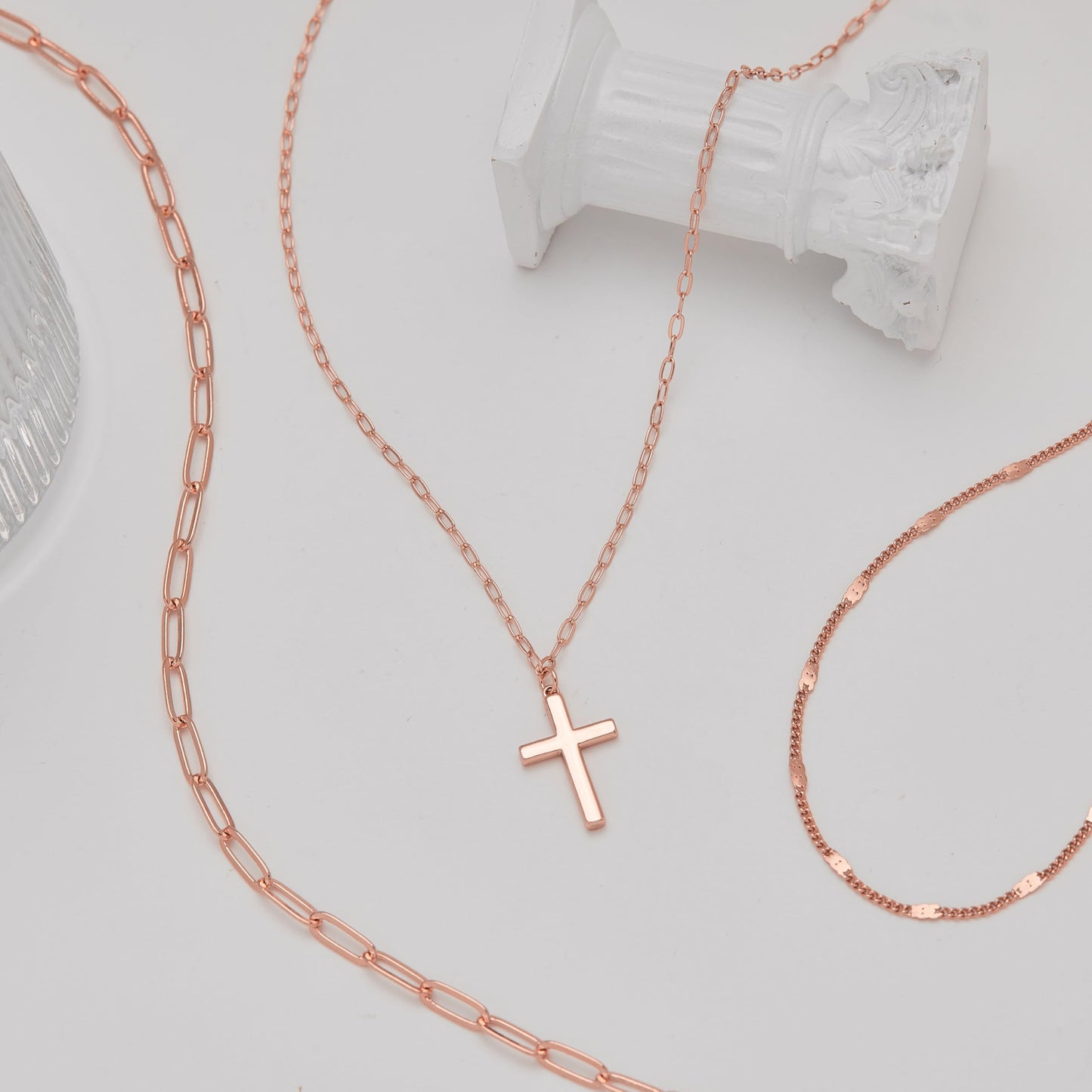 Rose Gold Layered Cross Necklaces for Women,Rose Gold Plated Dainty Stackable Choker Necklaces for Women,Trendy Layering Thin Cross Pendant Paperclip Chain Jewelry Set Gifts