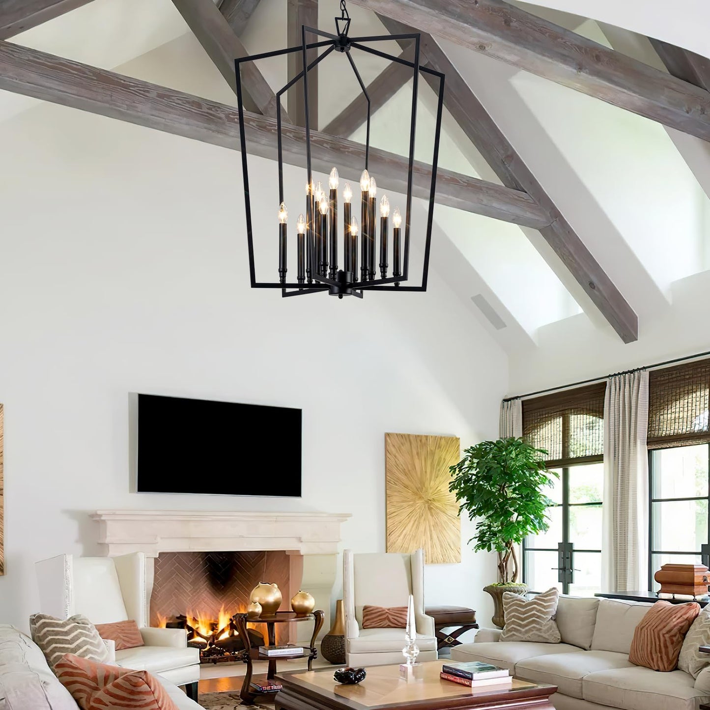 Vezzio 12-Light Large Black Chandelier, D30 Inch Modern Industrial Farmhouse Lantern Pendant Light for High Ceiling Entryway, Foyer, Dining Room,Kitchen Island,Hallway,Staircase