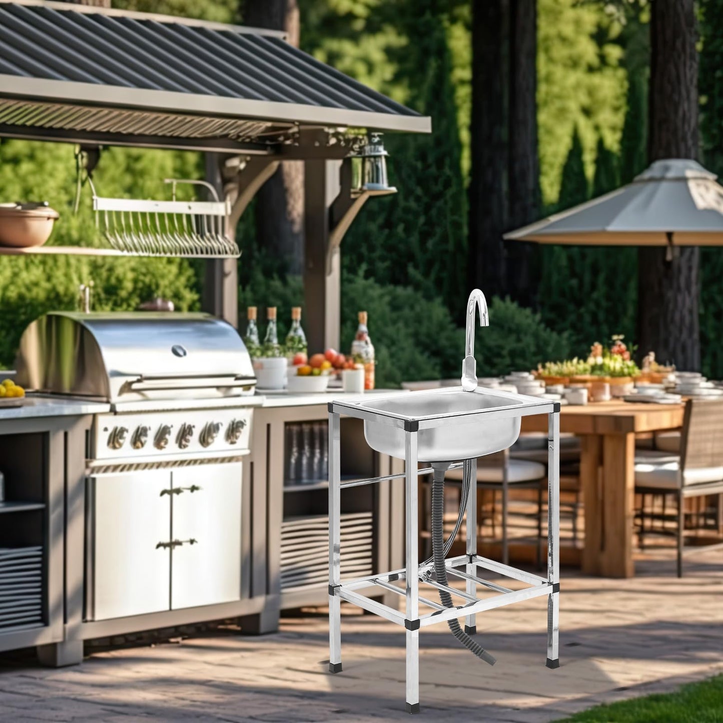 Tandefio Freestanding Outdoor Kitchen Utility Sink Set Stainless Steel Single Bowl Sink Portable Commercial Utility for Restaurant Cafe Bar Hotel Garage Laundry Room(Single Bowl)