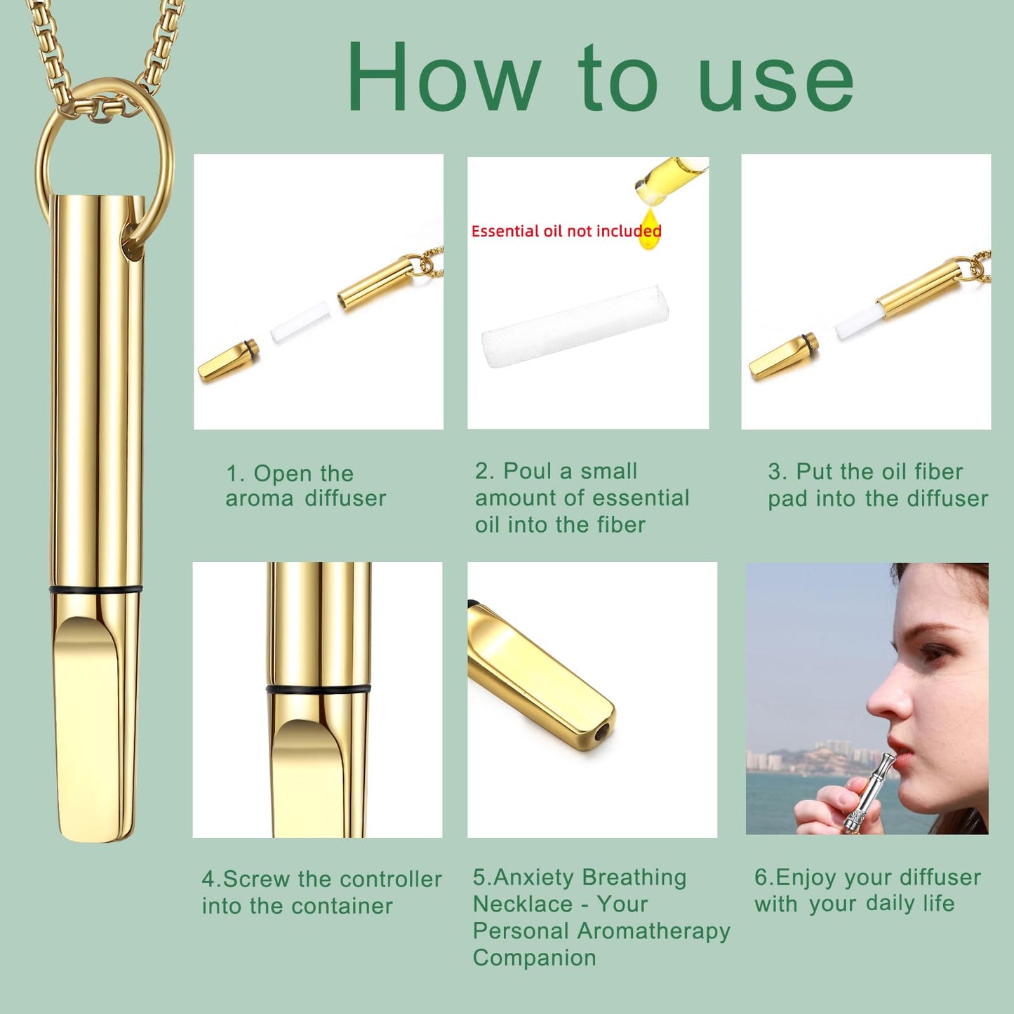 hooppoo Quit Smoking Necklace, Anxiety Relief Breathing Inhaler with Essential Oil Pad - Aromatherapy Diffuser Pendant for Smokers, Stainless Steel Necklace for Women & Men (Gold)
