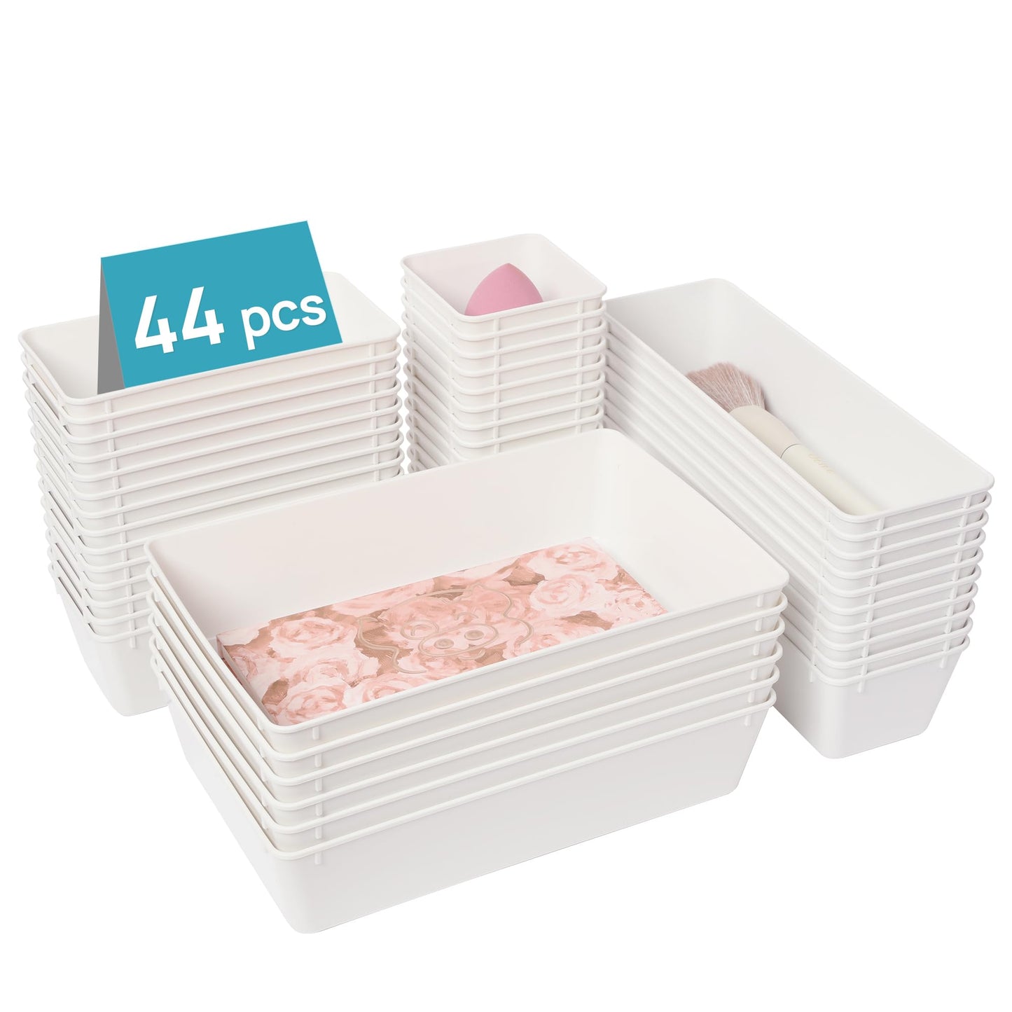 Vtopmart 44 PCS Clear Plastic Drawer Organizers Set, 4-Size Versatile Bathroom and Vanity Organizer Trays, Non-Slip Storage Containers for Makeup, Jewelries, Bedroom,Kitchen Utensils and Office