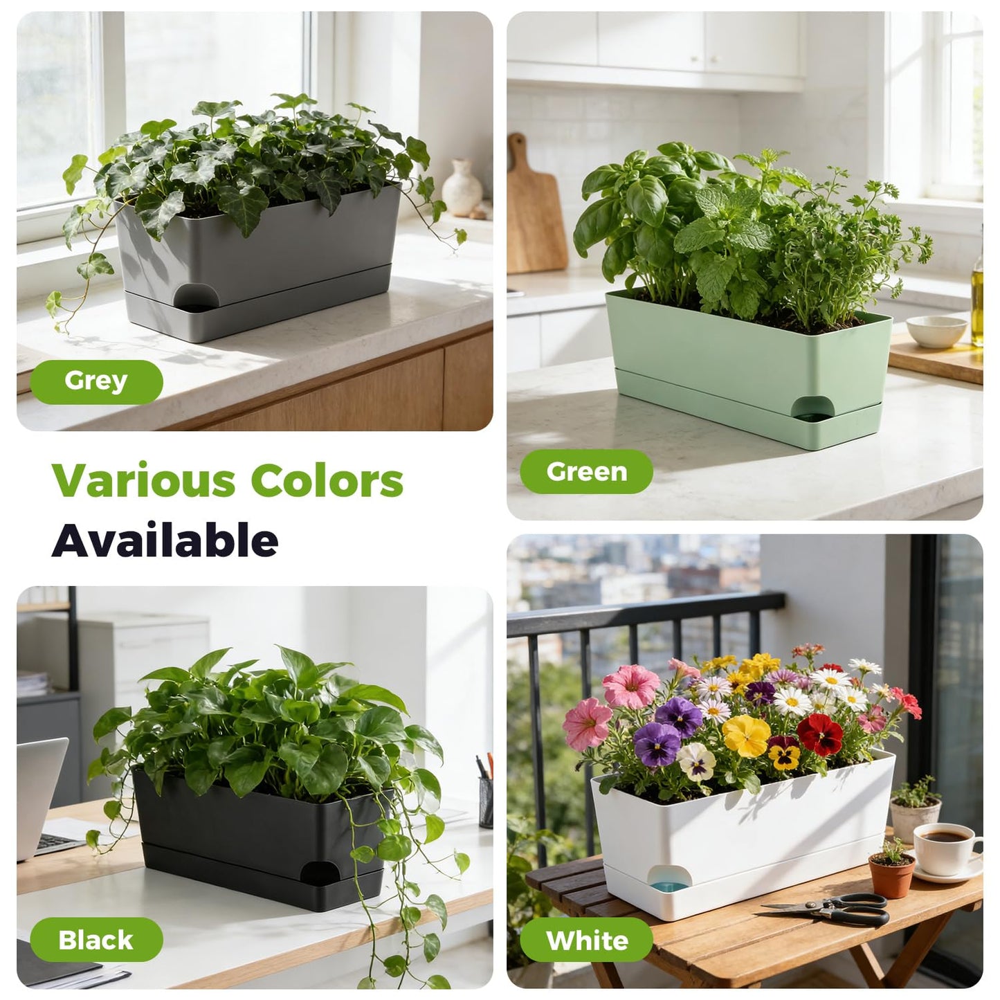 2 Pack Self Watering Pots for Indoor Plants 17 Inches Window Boxes Planters Rectangular Flower Pots Rectangle Herb Pots Large Plant Pots with Drainage Holes and Saucers Windowsill Planter, Green