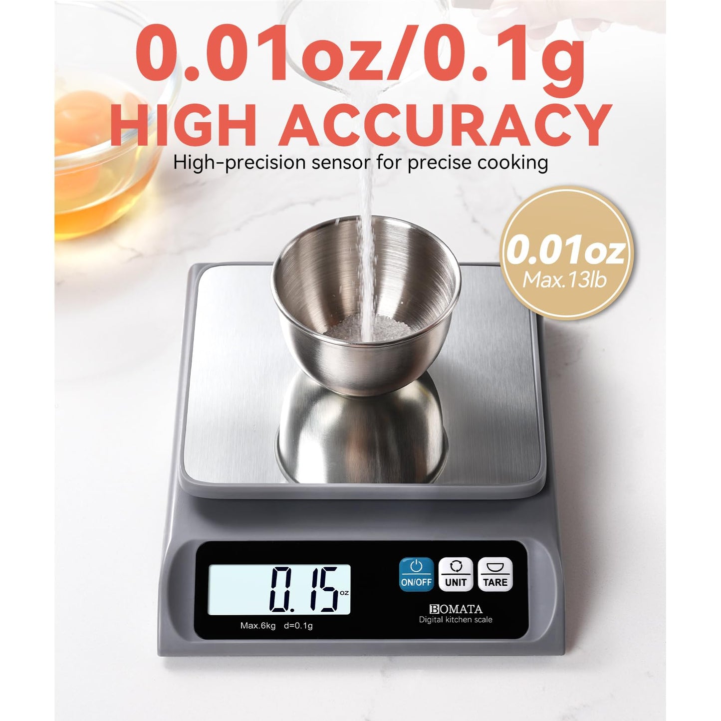 BOMATA 0.1g/ 13lb Food Scale, Digital Kitchen Scale with Removable Stainless Steel Pan, Backlit LCD Display, for Cooking, Baking B621 Grey