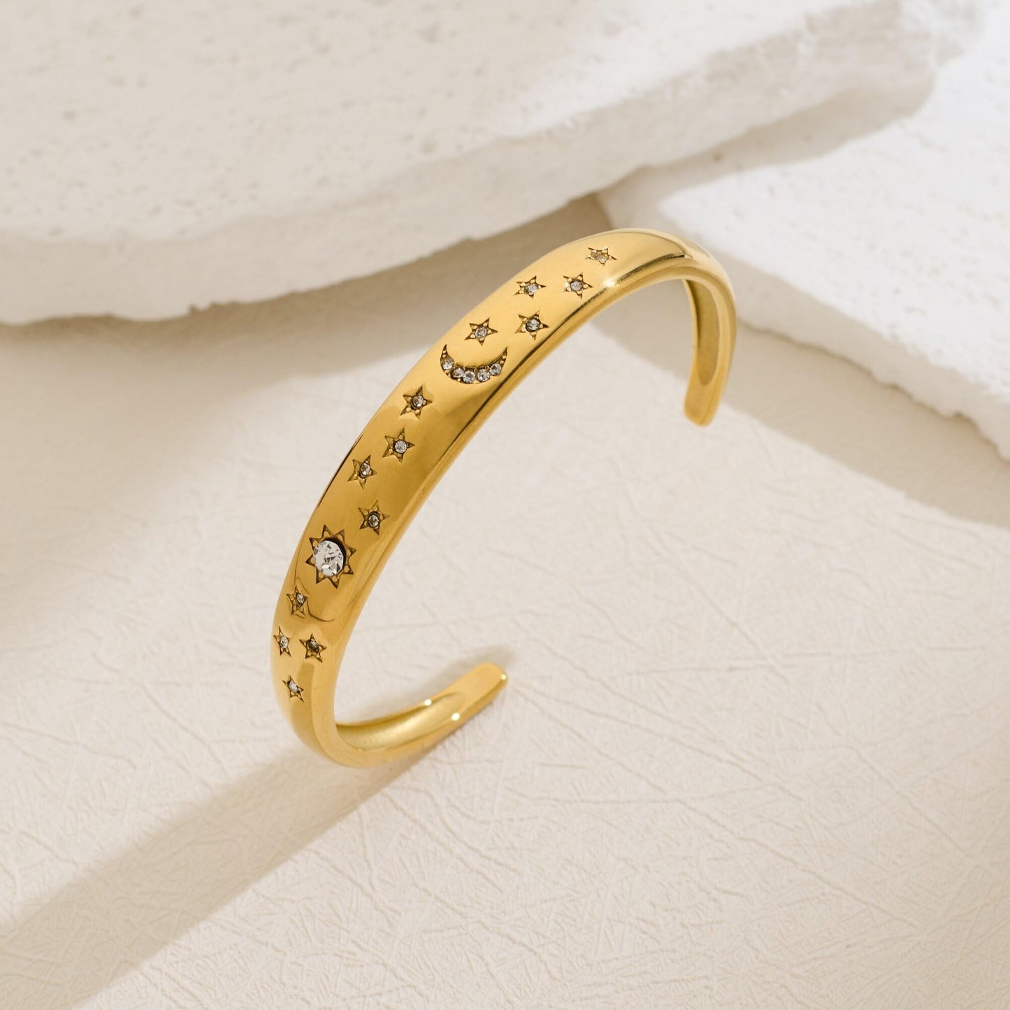 TENTMENTISE Bracelet for Women Diamond-Cut Star and Moon Bangle 18K Gold Plated Stainless Steel Bracelet Cubic Zirconia Accents Statement Jewelry Non-Tarnish Bracelet Birthday Gift for Her