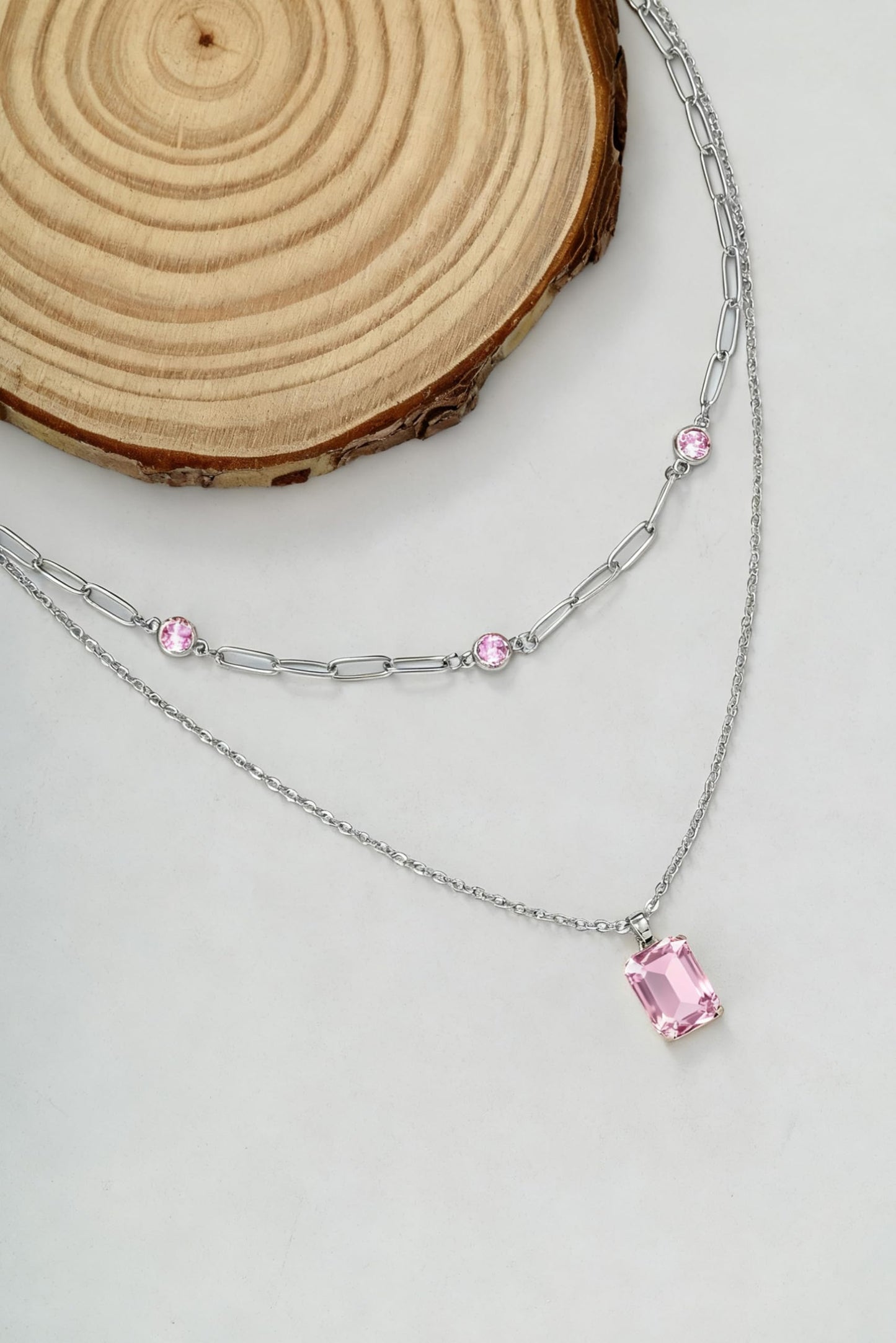 VANGETIMI Pink and Silver Layered Pendant Necklaces for Women Silver Plated Crystal Choker Necklace Paperclip Rhinestone Necklace Party Prom Jewelry