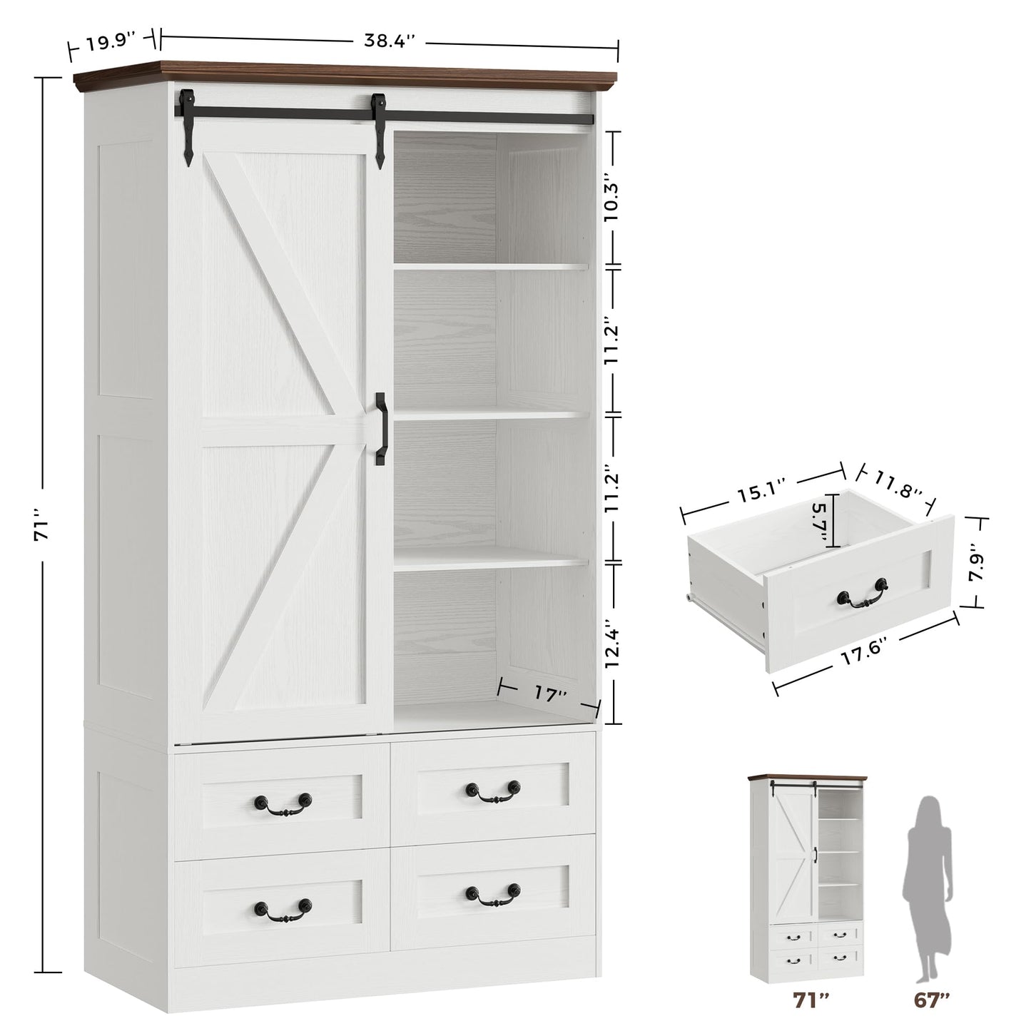 IRONCK Armoire Wardrobe Closet with 4 Drawers,71" Wardrobe Cabinet with Sliding Barn Doors, Tall Clothing Storage Cabinet with Hanging Rod and Shelves for Bedroom, White