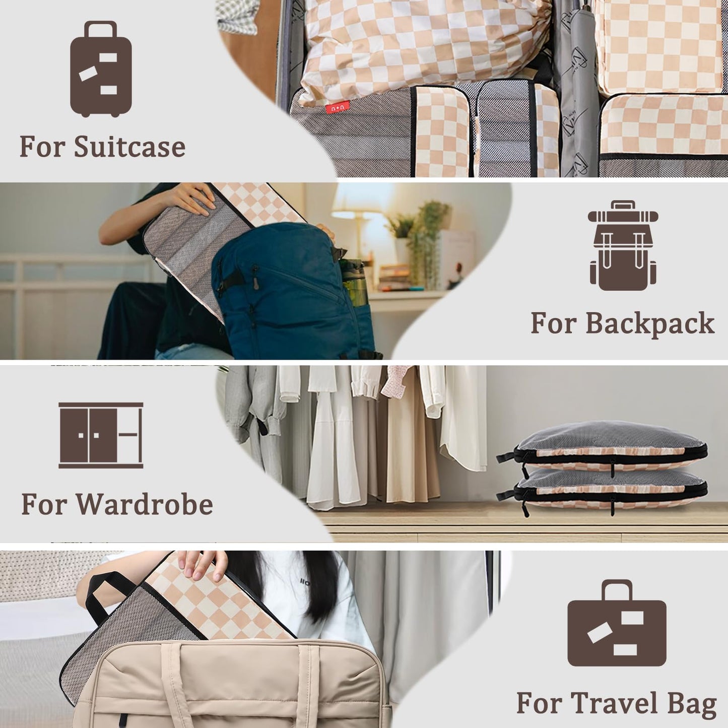 U+U 10 Set Compression Packing Cubes - Ultralight Travel Organizers with Laundry Bag and Cosmetic Bag, Space-Saving Suitcase Organizer for Travel, Business Trip and Family Vacation (Khaki Checkered)