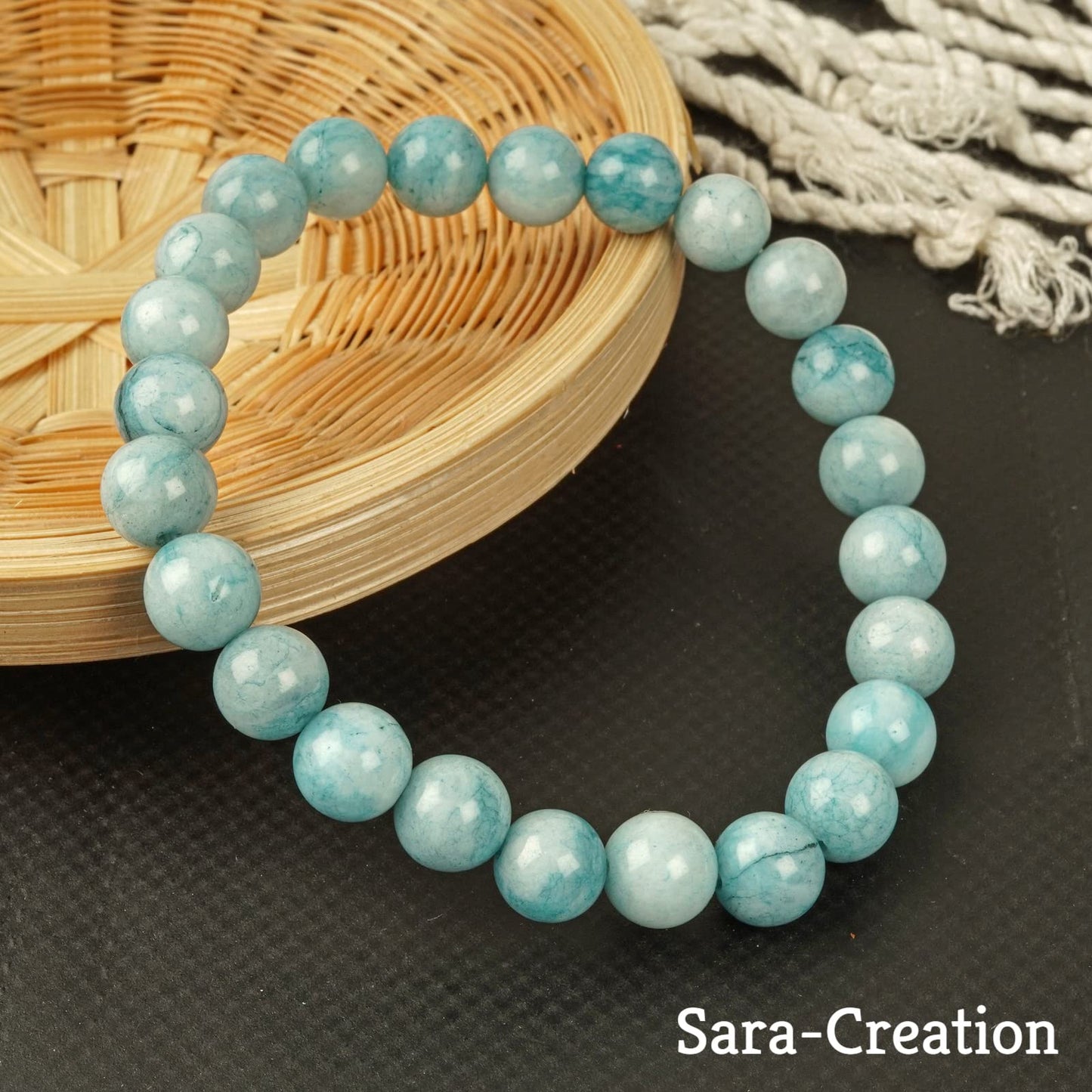 sara creation Blue Green Aquamarine Stone Bead Bracelet - Adjustable Natural Gemstone Bracelets - Healing For Girl Women Men
