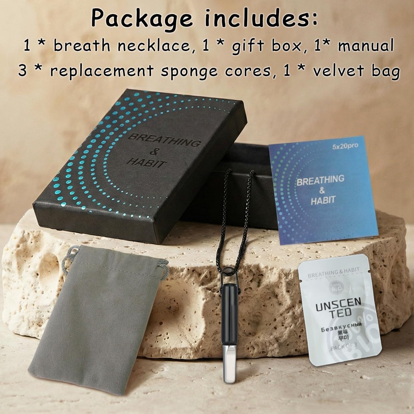 Breathing Necklace to Quit Smoking, Stainless Steel Smokeless Inhaler, Deep Breathing Aid, 3 Unscented Sponge Cores, Portable Velvet Bag, for Yoga, Office, Study, Meditation(Black)