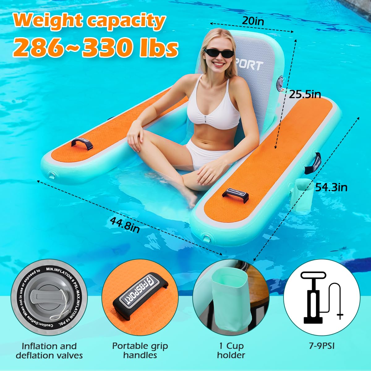 FBSPORT Inflatable Pool Float Lounger for Adults, Water Floating Chair Pool Float Raft with Cup Holder and Backrest for Swimming Pool, Lake, Party and Beach