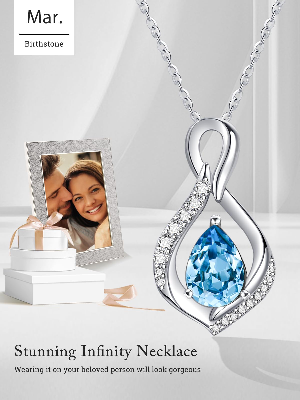 JIYVY32 Aquamarine Infinity Necklace for Women March Birthstone Necklaces White Gold Plating Anniversary Birthday Gifts for Wife Her Mom Girlfriend Birthstone Jewelry Gifts for Women