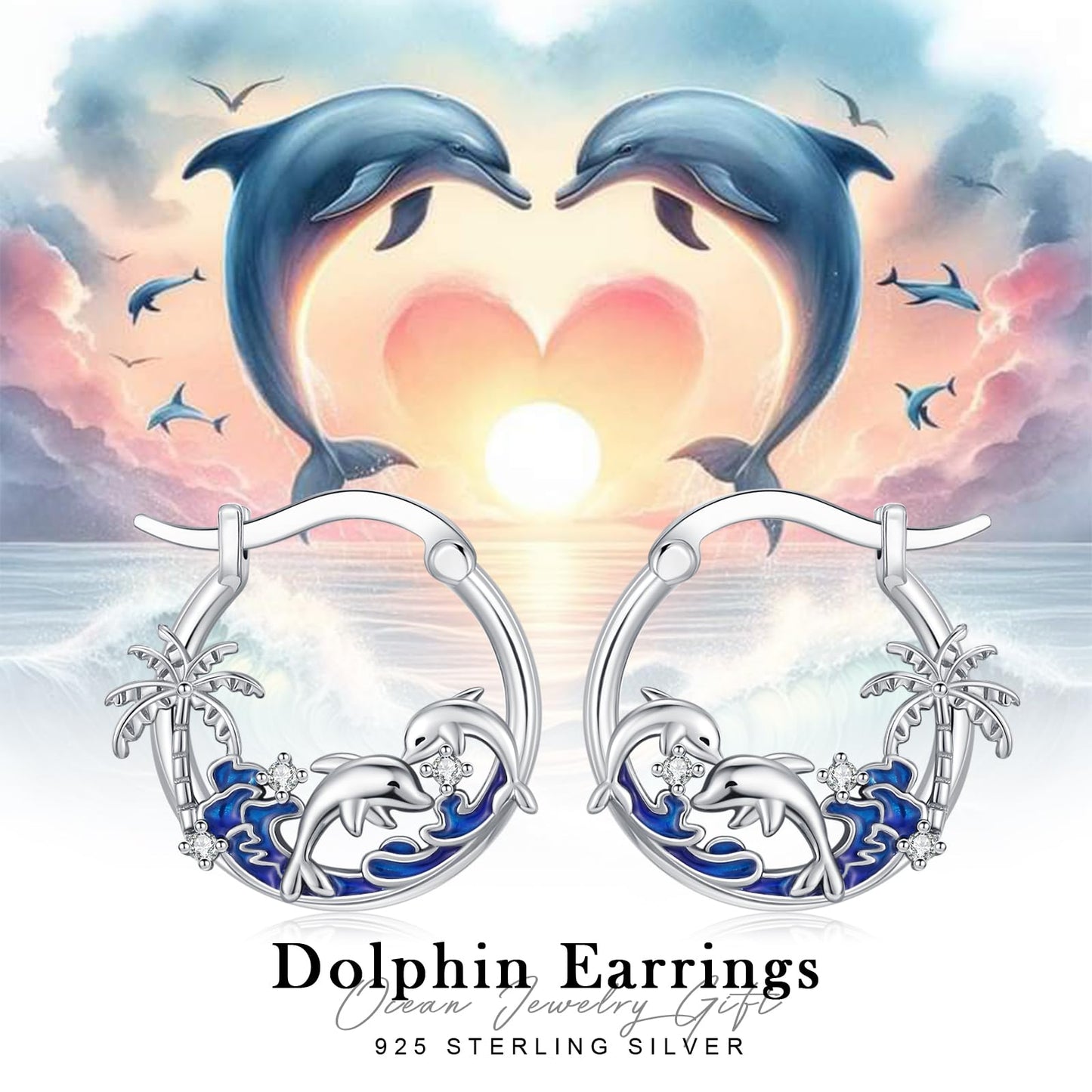Dolphin Earrings 925 Sterling Silver Ocean Palm Tree Hoop Earrings Beach Themed Summer Jewelry Dolphin Graduation Gifts for Women Daughter Her