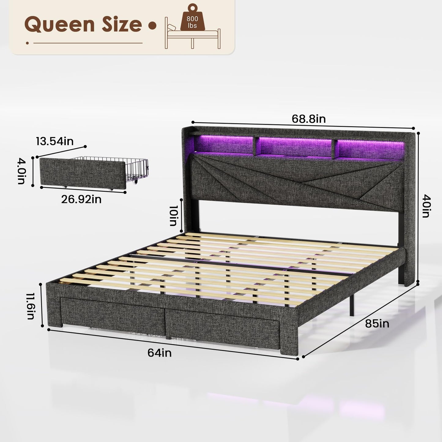 Driftalia LED Queen Bed Frame with 2 Storage Drawers, Upholstered Bed Frame Queen Size with Headboard and Charging Station, No Box Spring Needed, Easy to Assembly-Dark Grey