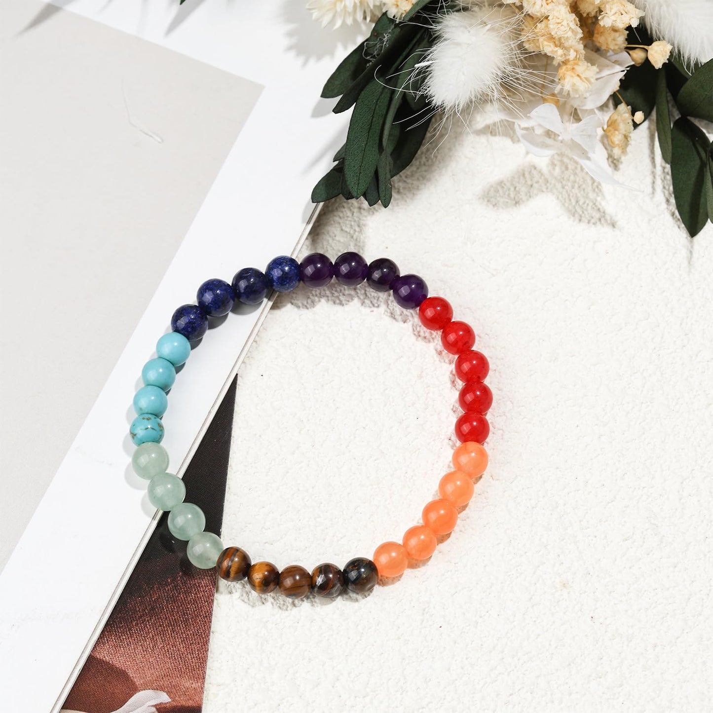 6mm Seven Chakra Stones - Stone of Balance Energy - Handmade Yoga Stretch Elastic Bracelet Natural Healing Gemstone Stress Relief Crystal Jewelry Power Energy Gifts for Men and Women