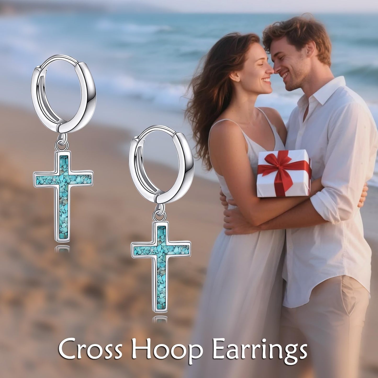 925 Sterling Silver Cross Hoop Earrings Turquoise Dangle Drop Earrings Huggie Jewelry Birthday Gifts for Women (Turquoise Cross)